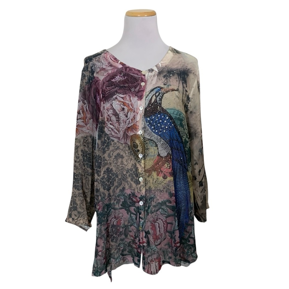 Schiffhauer Munich Cardigan Sweater Floral Semi Sheer Jeweled Womens L Art - Picture 3 of 17